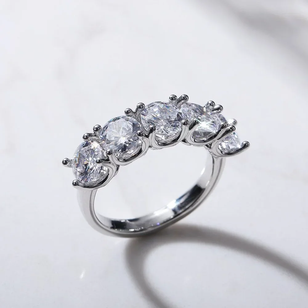 😍Lovely 5 Stone Round Dainty CZ Gems Silver Trendy Eternity Rings, K836